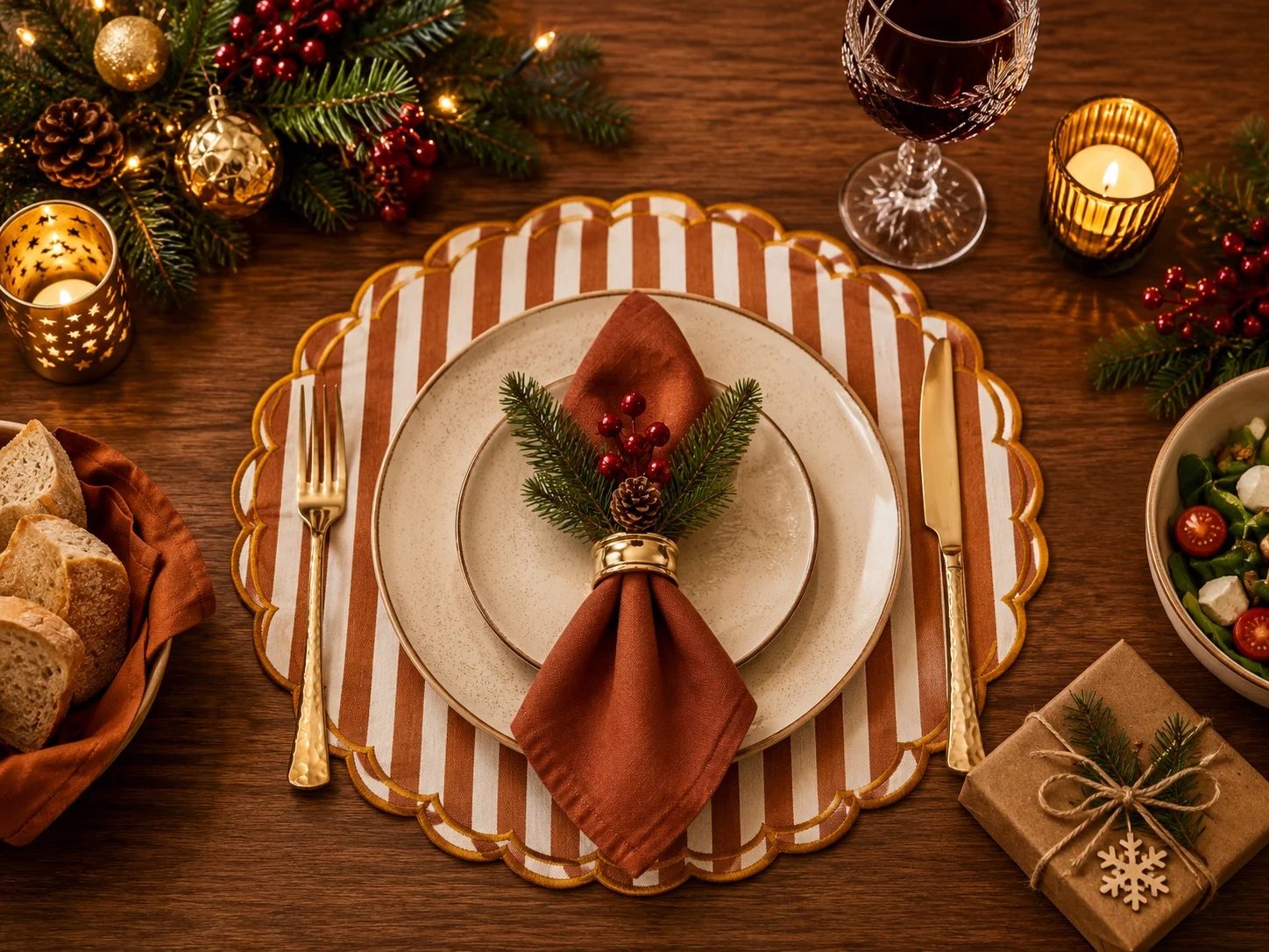 Mesa posta de Natal com jogo americano e guardanapo bordados da BZ Home